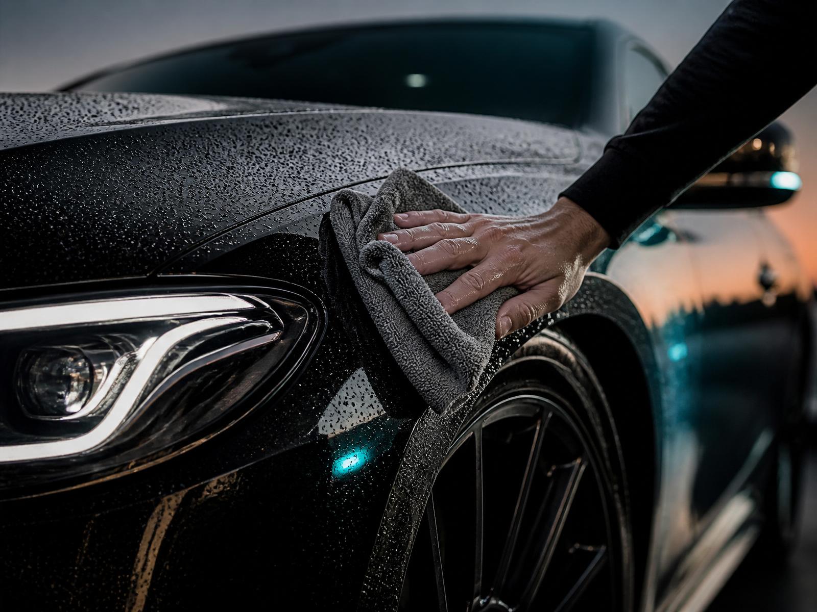 Professional detailer hand-polishing a glossy black luxury car at dusk